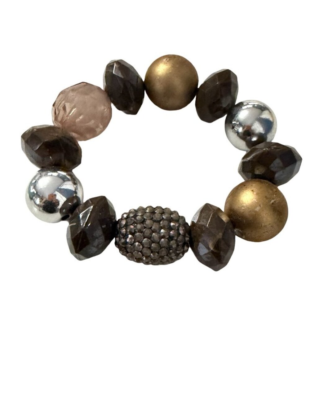 Y2K Chunky Smoky Brown Faceted Bead Pave Rhinestone Stretch Bracelet